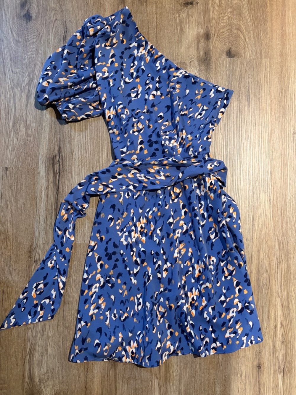 Nine West One-Shoulder Blue Animal Print Belted Dress